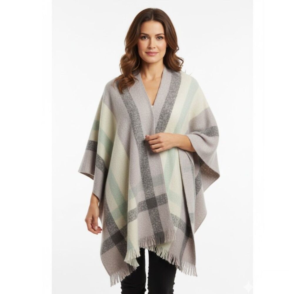 Nine West Faux Cashmere Poncho NWT Wrap Grey Stripe Fringe Womens Size S